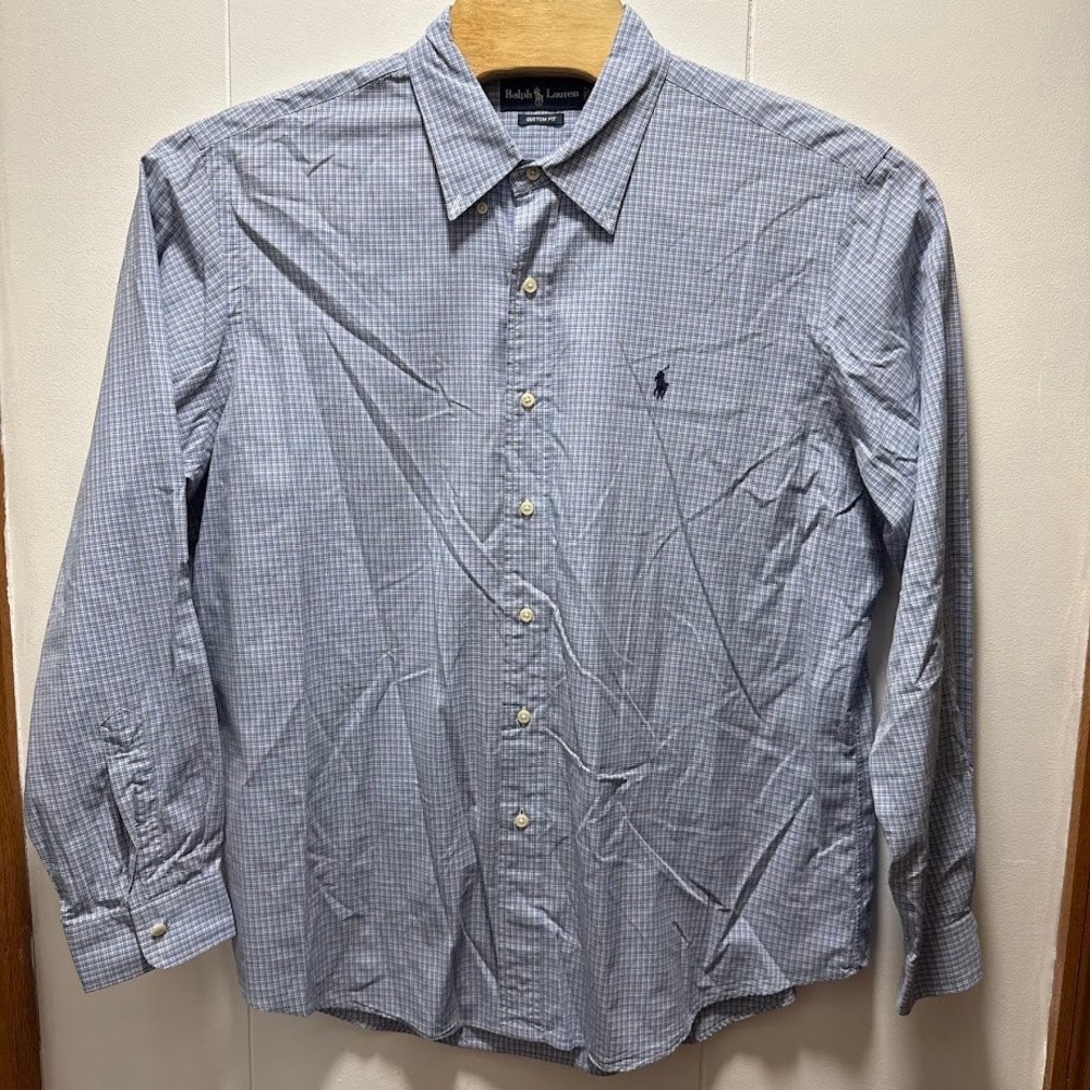Ralph Lauren Mens XXL Custom Fit Blue White Micro Check Button Down Shirt